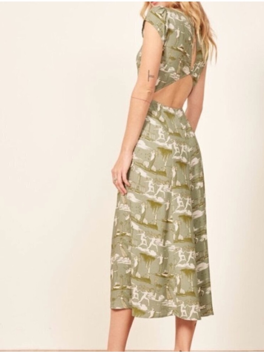 Reformation Olive Green Printed Cap-Sleeve Midi Dress with High Side Slit - Picture 3 of 4